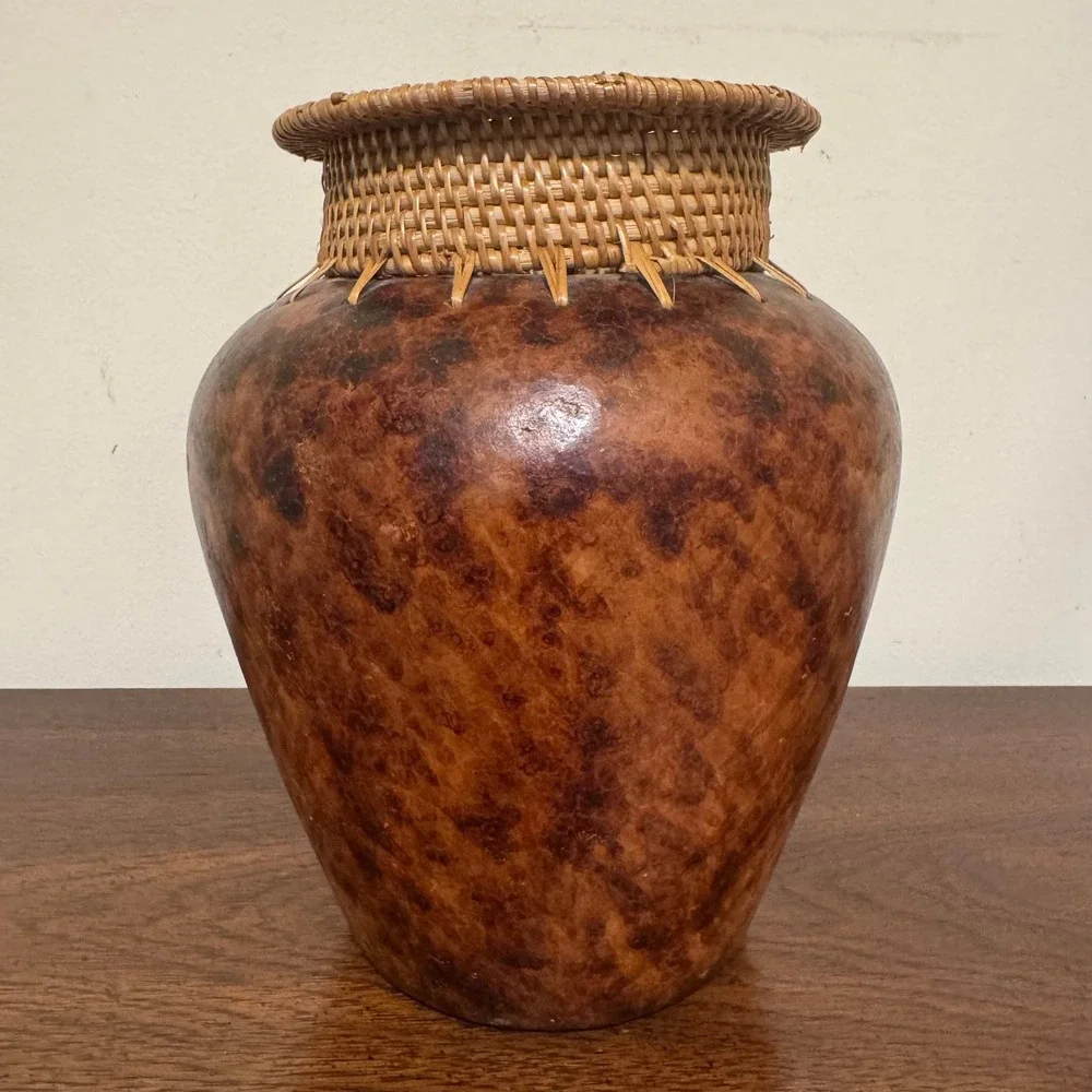 Vintage Handcrafted Rattan Woven Neck Brown Mottled Gourd Style Decorative Vase